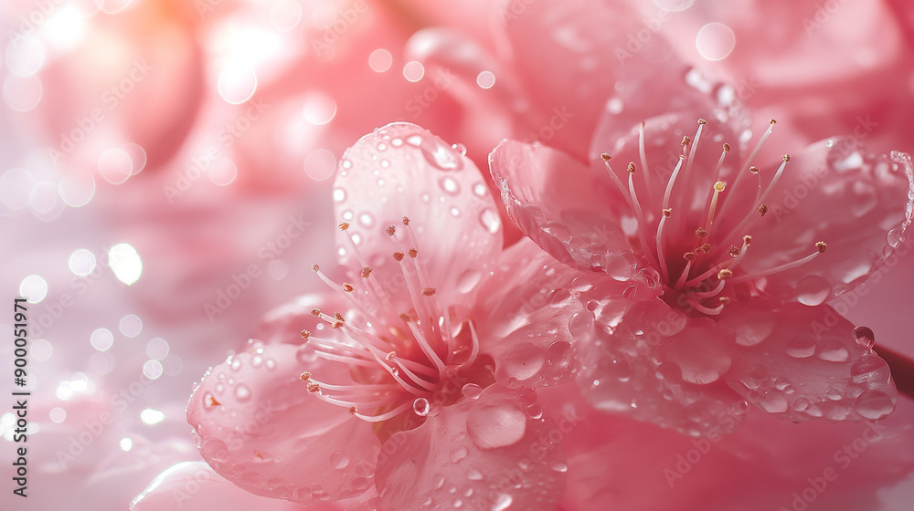 Fototapeta premium peach blossom, water, crystal clear, water droplets, give the skin a natural glow, dreamy feeling, ultra-clear, bright tones, overall tender pink, girly pink, girlish feeling, fresh, gentle, romantic,