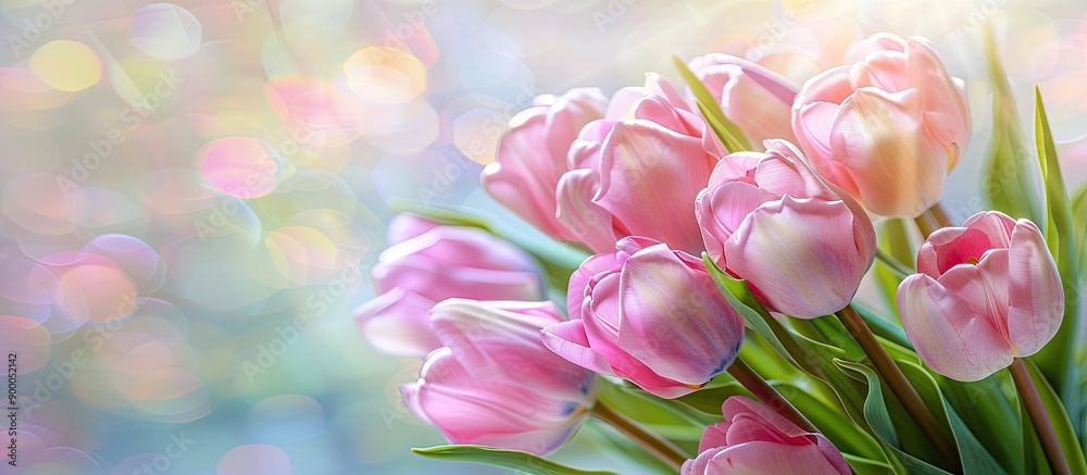 A bouquet of pink tulips set against a blurred nature background perfect for Valentine s Woman s and Mother s Day Ample copy space image inclusion A bouquet of pink tulips set against a blurred nature background perfect for Valentine s Woman s and Mother s Day Ample copy space image inclusion