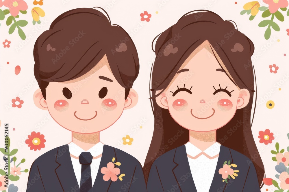 Charming cartoon bride and groom with a happy and cheerful expression celebrating their marriage with joy and love Charming cartoon bride and groom with a happy and cheerful expression celebrating their marriage with joy and love