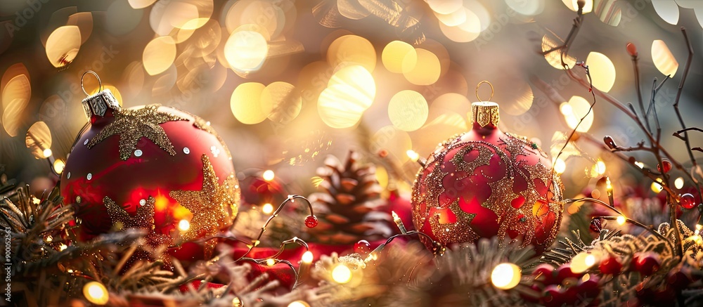 Holiday ornaments decor for celebrating Christmas with family and friends surrounded by lights and warmth creating a festive atmosphere in this lovely copy space image Holiday ornaments decor for celebrating Christmas with family and friends surrounded by lights and warmth creating a festive atmosphere in this lovely copy space image