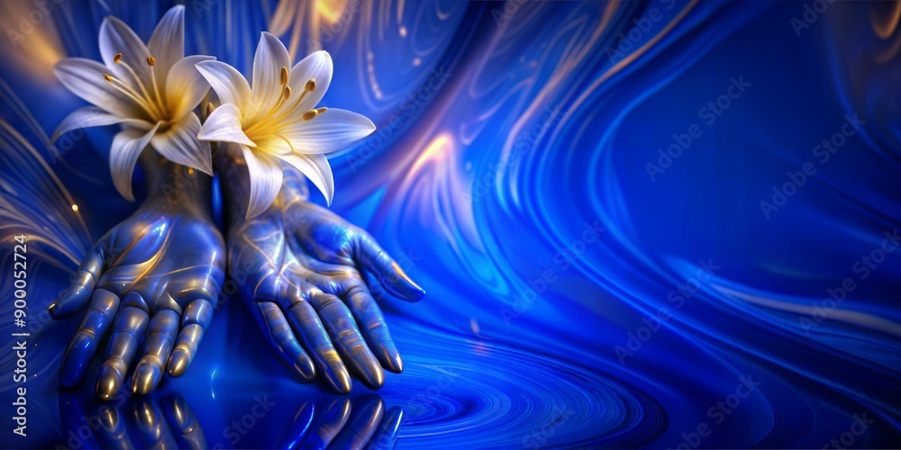Fototapeta premium Lilies on reflective hands mixed with an abstract blue liquid marble background.