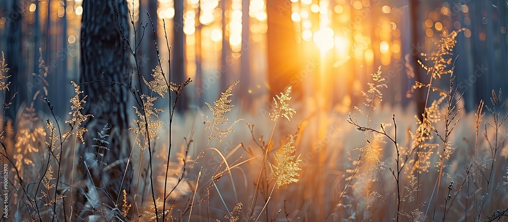 Sunset in a forest with autumn s dry grasses creating a blurred nature background perfect for a copy space image Sunset in a forest with autumn s dry grasses creating a blurred nature background perfect for a copy space image