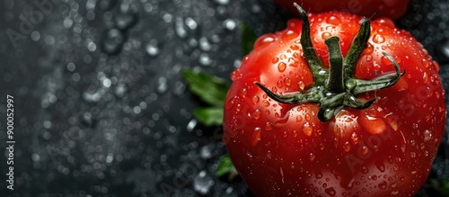 A vibrant red tomato glistens with water droplets against a dark backdrop offering ample copy space image for a banner