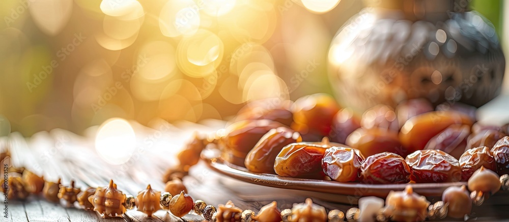 Selective focus nature image with dates rosaries and baklava for Ramadan copy space image Selective focus nature image with dates rosaries and baklava for Ramadan copy space image