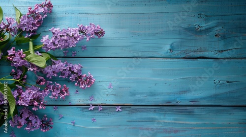 Fototapeta Naklejka Na Ścianę i Meble -  Lilac flowers atop blue wooden surface selective focus top view room for text