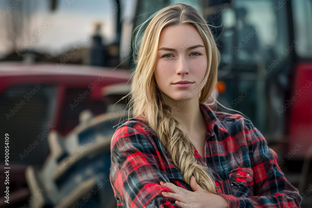 A woman with blonde hair is standing in front of a red tractor A woman with blonde hair is standing in front of a red tractor