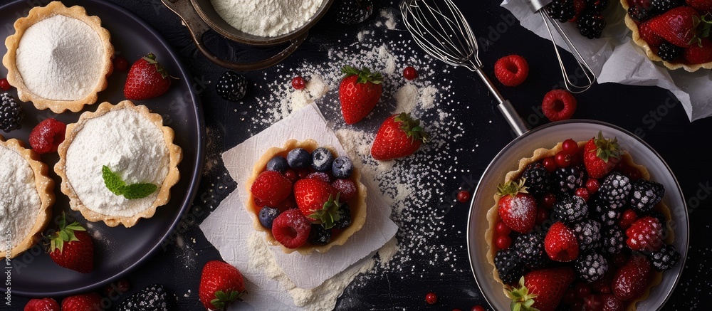 Top view of delicious berries on a plate and in tartlets a whisk in a bowl flour on paper set against a black background with ample copy space image available Top view of delicious berries on a plate and in tartlets a whisk in a bowl flour on paper set against a black background with ample copy space image available