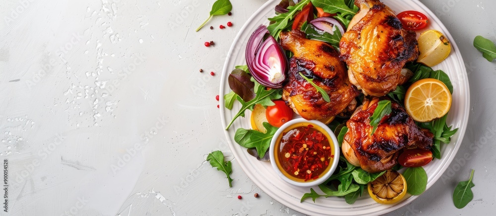 A plate with honey and mustard glazed roast chicken veggies and spicy sauce set against a blank background for copy space image A plate with honey and mustard glazed roast chicken veggies and spicy sauce set against a blank background for copy space image