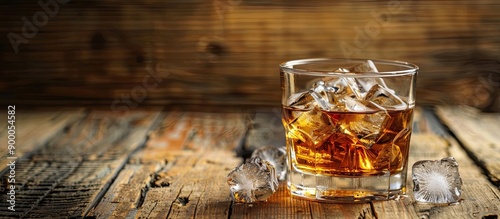 Whiskey glass with ice on w...