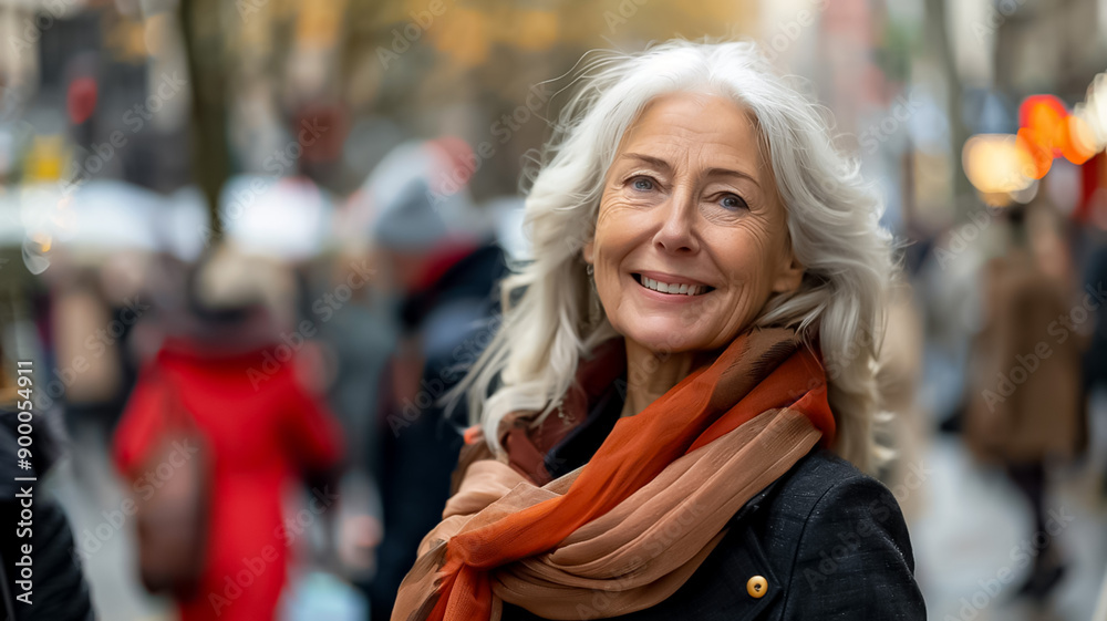 A woman with long white hair and a scarf is smiling in a busy street