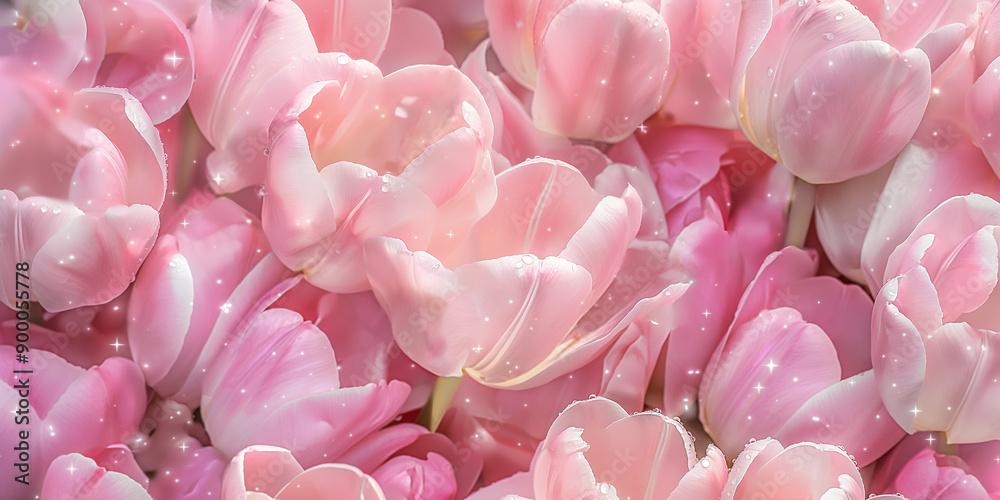 Fototapeta premium a romantic photography style seamless pattern of pink tulips. film, photography, super fresh, and covered with morning dewdrops, creating romantic atmosphere. 