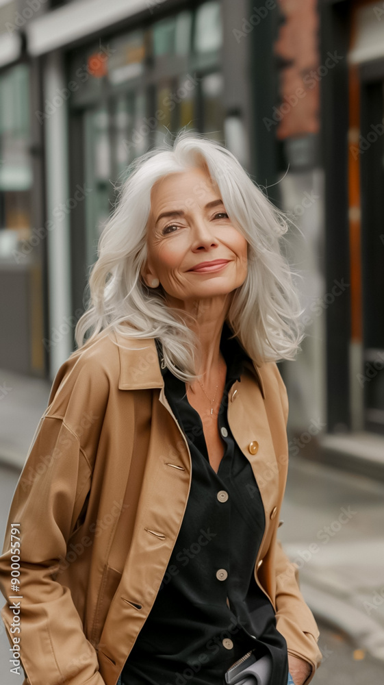 Fototapeta premium A woman with gray hair is wearing a tan jacket and smiling