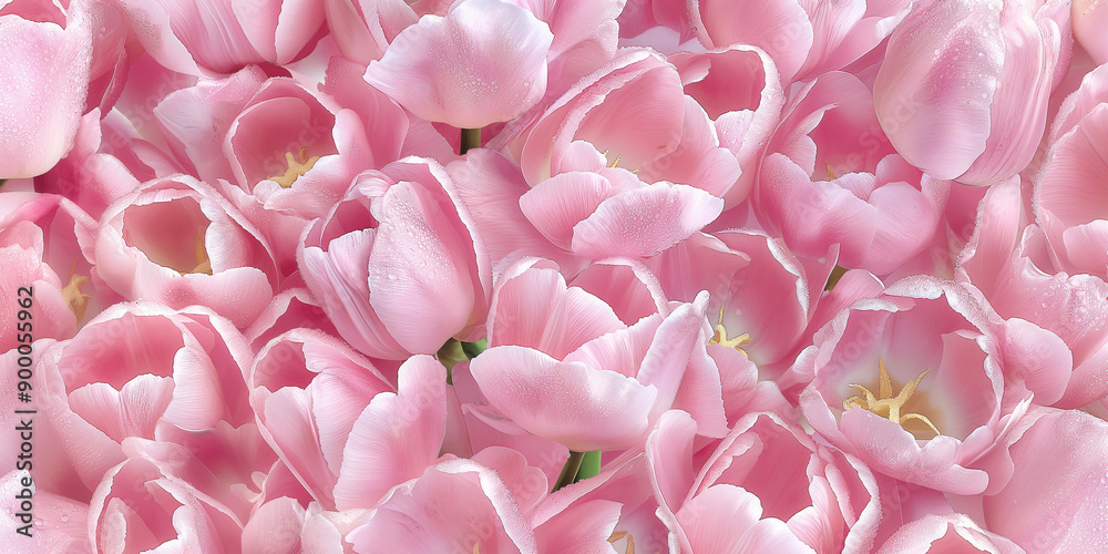 Fototapeta premium a romantic photography style seamless pattern of pink tulips. photography, super fresh, and covered with dewdrops, creating romantic atmosphere. 