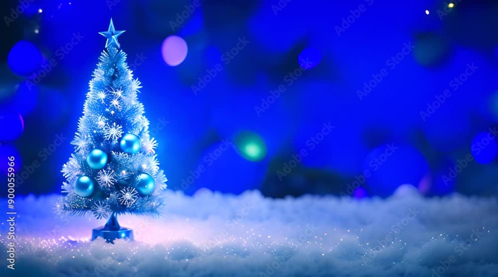 A blue toned animated Christmas tree, glowing with twinkling fairy lights, shimmering snowflakes gently falling around it