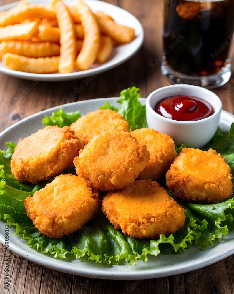 Delicious crispy fried chicken nuggets with sauce and lettuce close-up on the board. Side view. A bunch of nuggets. Ai Generative. Delicious crispy fried chicken nuggets with sauce and lettuce close-up on the board. Side view. A bunch of nuggets. Ai Generative.