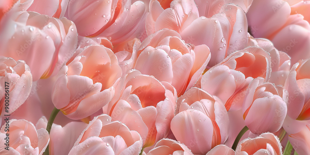 Fototapeta premium a romantic photography style seamless pattern of pink tulips. super fresh, and coverd with dewdrops, creating romantic atmosphere. 