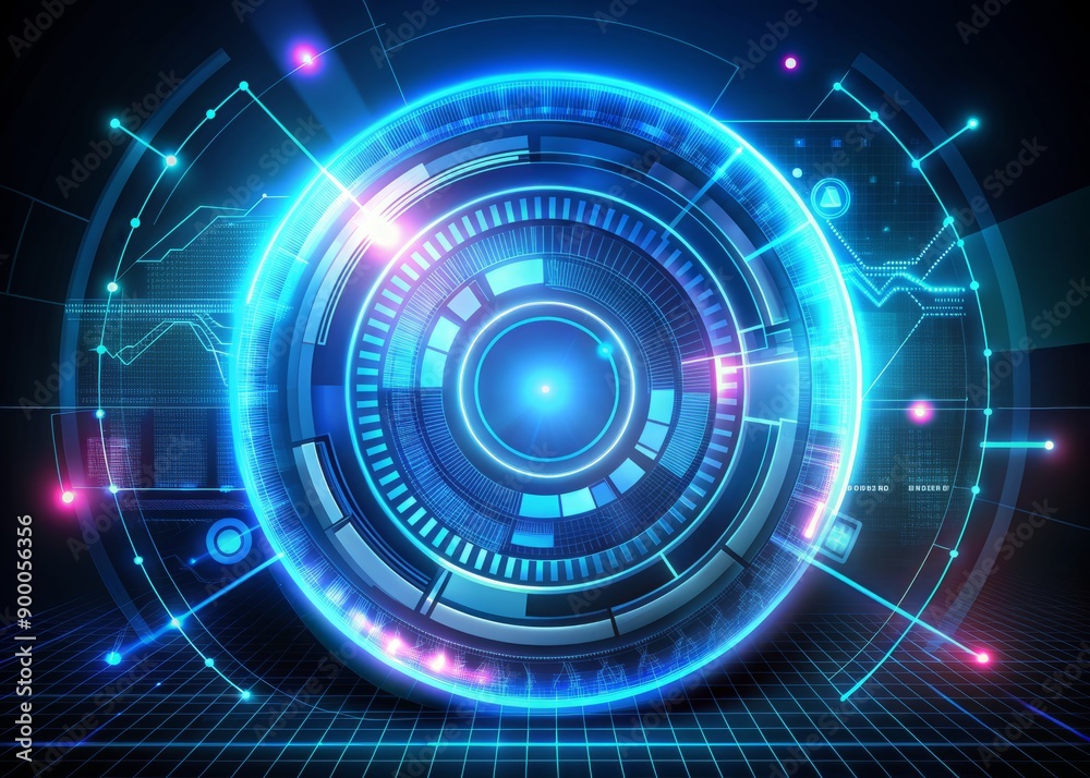 Futuristic neon-lit HUD interface with hologram elements, circle percent vitality, and innovation graphics, showcasing cutting-edge technology and high-tech design for abstract innovation. Futuristic neon-lit HUD interface with hologram elements, circle percent vitality, and innovation graphics, showcasing cutting-edge technology and high-tech design for abstract innovation.