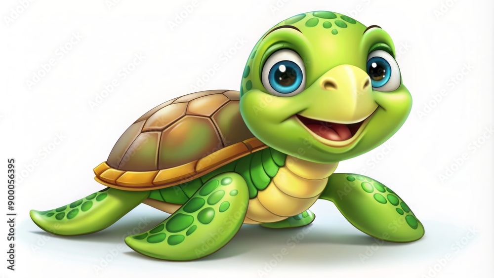 Fototapeta premium Adorable green turtle cartoon character smiling and looking up with big shiny eyes and yellow stripes on its shell on a clean white background.
