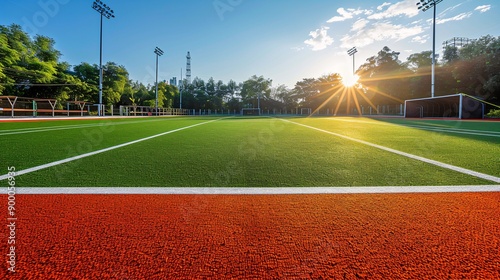 Geometric hockey field with straight lines and angular stick shapes in bright orange and green Stock Photo with copy space photo