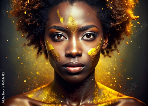 Vibrant golden hues splatter across a young black woman's face, abstractly accentuating her features in a stunning, artistic portrait, exuding confidence and creative energy.