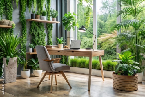 Modern minimalist desk setup with a wooden and white table, surrounded by lush green plants, accompanied by a fabric armchair, exuding a serene contemporary interior ambiance. © Autun