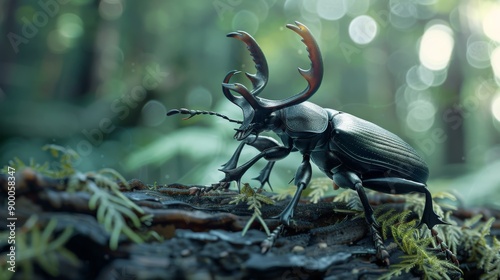 A stag beetle with five horns perched on a piece of forest debris, with intricate details highlighted by natural light.