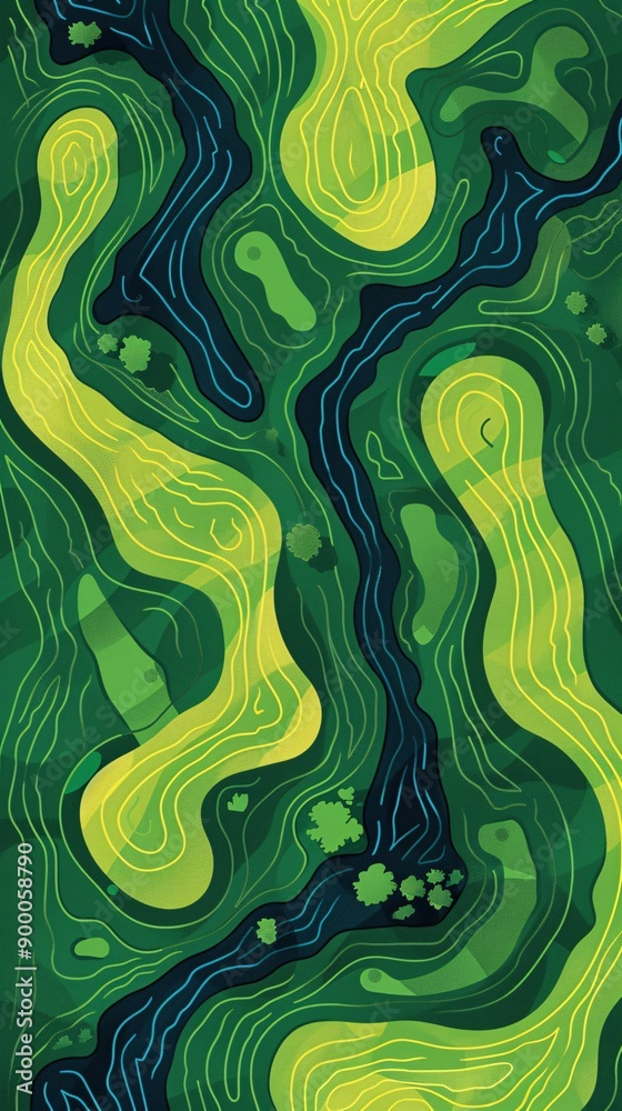 Clean golf course illustration with geometric fairway patterns and minimalist club shapes in vibrant green and yellow Stock Photo with copy space