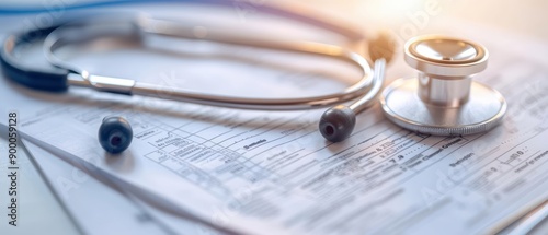 A medical billing concept showcases detailed service charges and payment processes, sunlight filtering through the itemized statements, banner, with copy space photo