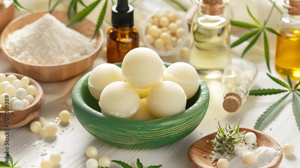 Handmade Cannabis Soap Balls in Wooden Bowl Surrounded by Ingredients