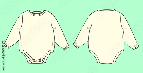 Baby long sleeve ecru colour jersey romper flat sketch outline vector fashion illustration template.