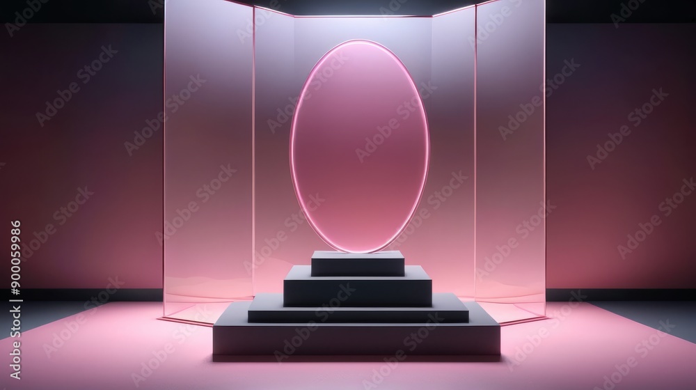 Fototapeta premium A 3D render showcases a pink neon light shining through a glass case with a circular light, aestheticism