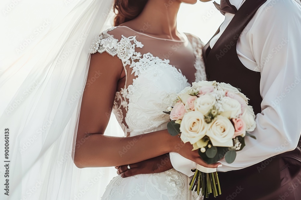 Naklejka premium Bride and groom holding a bouquet of white roses symbolizing love unity and elegance on their wedding day