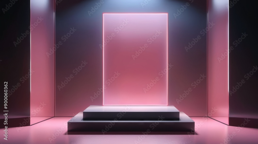 A 3D render showcases a pink neon light shining through a glass case with a circular light, aestheticism A 3D render showcases a pink neon light shining through a glass case with a circular light, aestheticism