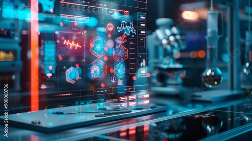 Wallpaper Mural close up view of advanced laboratory equipment with glowing interfaces and holographic displays Torontodigital.ca
