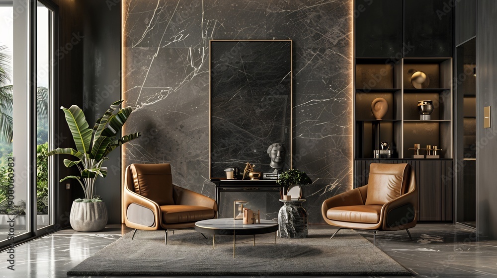 Modern Living Room with Marble Walls and Luxury Furnishings Modern Living Room with Marble Walls and Luxury Furnishings