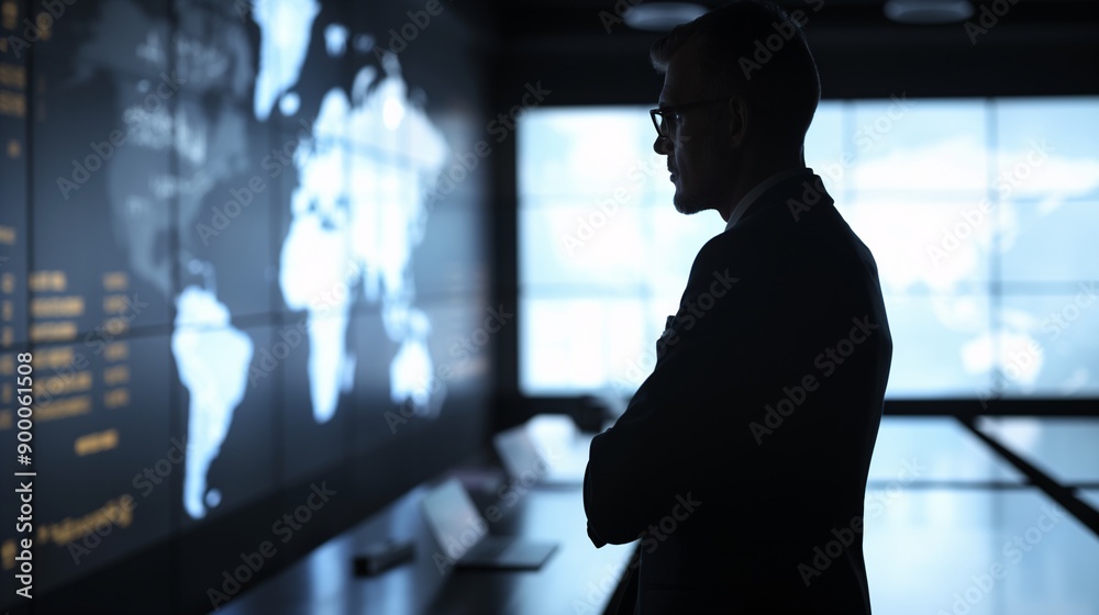 Global Strategist in the Shadows: A lone figure contemplates a world map, his silhouette hinting at the weight of decisions and the scope of his vision. Global Strategist in the Shadows: A lone figure contemplates a world map, his silhouette hinting at the weight of decisions and the scope of his vision.