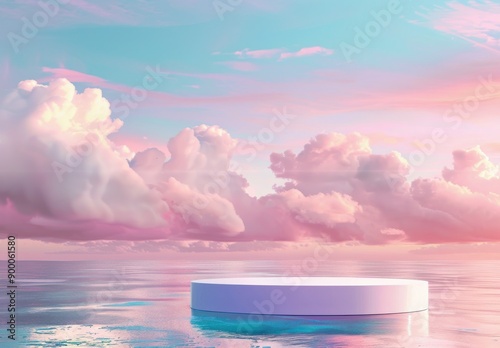 Ocean Podium Scene with Blue Water and Pink Sky for Product Display. 3D Rendering Mock up