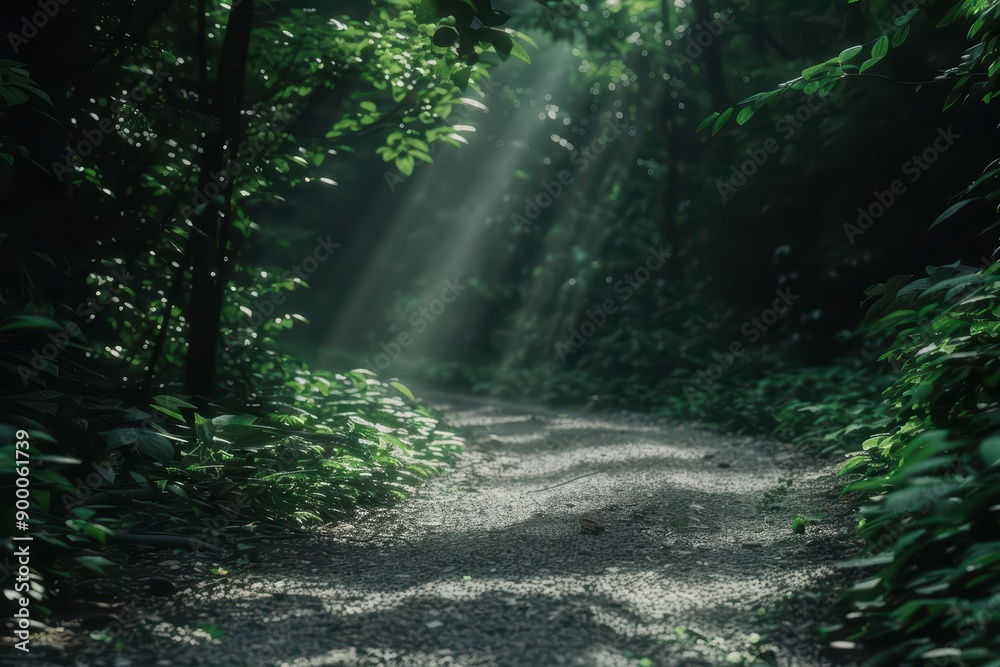 Fototapeta premium Summer journey on a nature walk highlights scenic paths with sunlight filtering through dense forests, presenting an ultramodern, supernatural scene, banner, with copy space