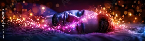 Dream interpretation symbols and imagery surrounding a sleeping person, Mystical, Cool hues, Illustration photo