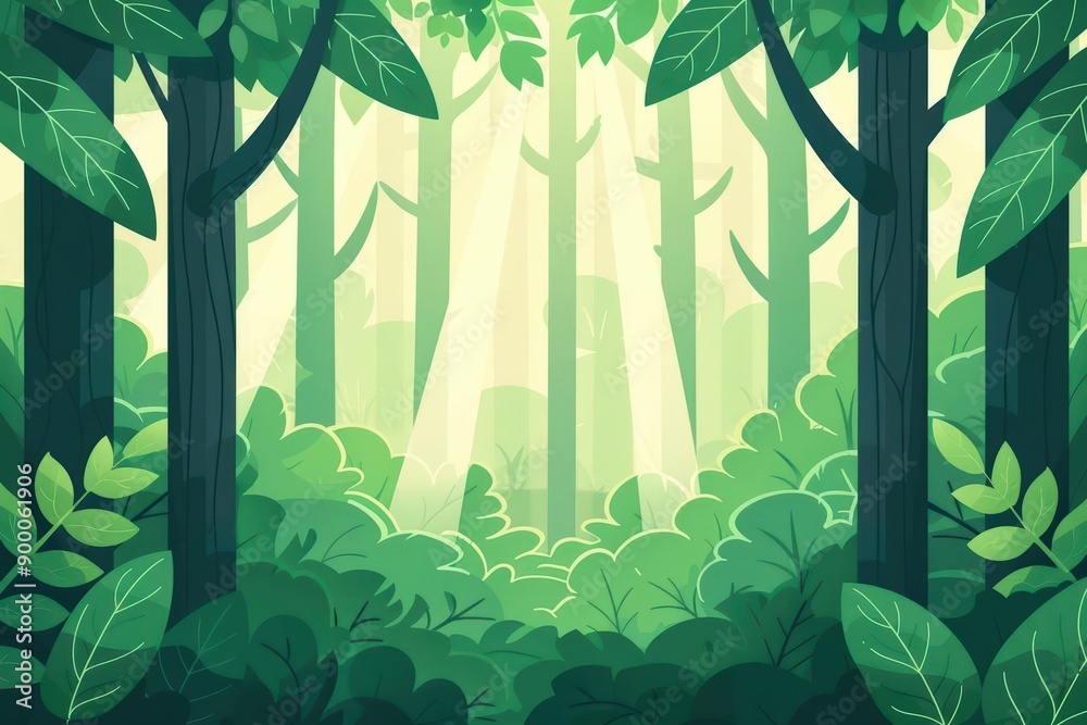 Obraz premium The Arbor Day post card mock up concept celebrates trees and conservation, sunlight filtering through the verdant forest and tree illustrations, banner, with copy space