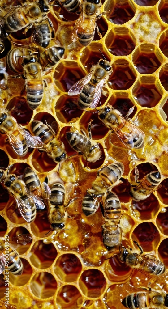 Bees gathering on honeycomb in natural environment for educational beekeeping publication Bees gathering on honeycomb in natural environment for educational beekeeping publication