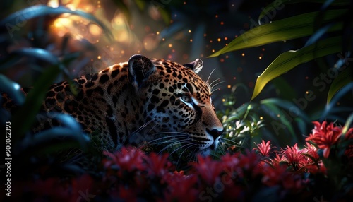 Exotic wildlife in their natural habitat within a lush rainforest, Natural, Bright colors, Digital painting photo