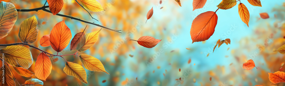 Bunte Blätter im Herbst verzieren einen breiten unscharfen Hintergrund im Wald