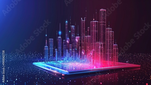 Bright Digital Tablet with City Wireframe in Red and Blue Colors, Featuring Particle Effects and Sphere Line Rise-Up, Showcasing Modern Digital Visualization