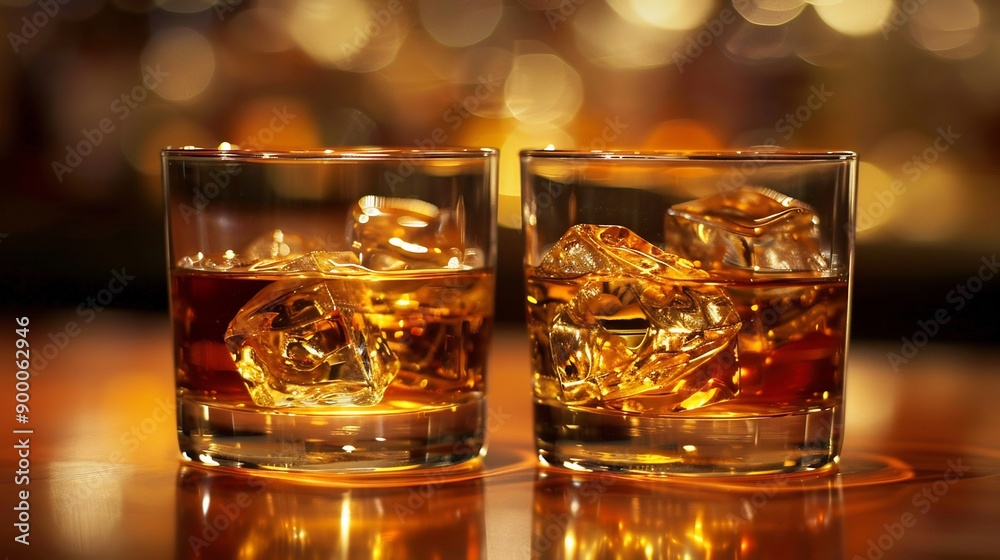 Two Glasses of Whiskey with Ice on a Bar Counter Two Glasses of Whiskey with Ice on a Bar Counter