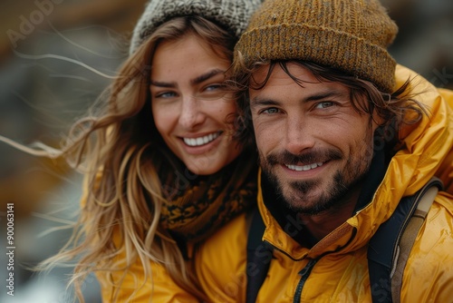 Happy Man Giving Piggyback Ride to Girlfriend in Autumn Forest, Wearing Yellow Jacket and Brown Beanie, Smiling at Camera, Close-Up Portrait of Couple Having Fun Outdoors During Fall Season, 