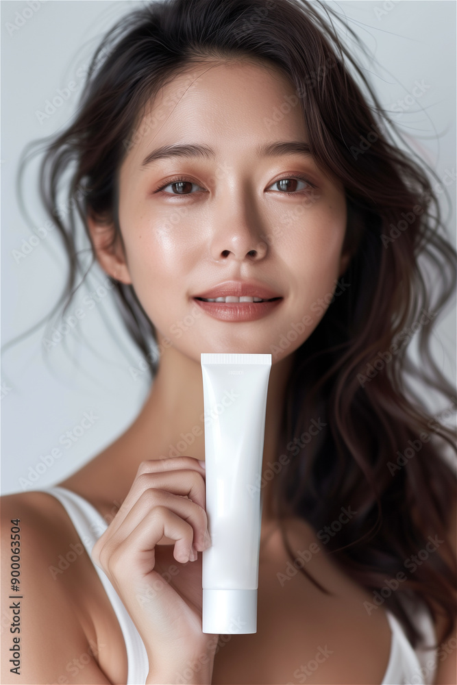 I am holding a Korean cosmetics model advertisement, white background, and white tube cosmetics. I am holding a Korean cosmetics model advertisement, white background, and white tube cosmetics.
