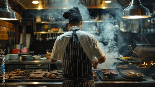 Back view of a chef grilling steaks in a restaurant kitchen