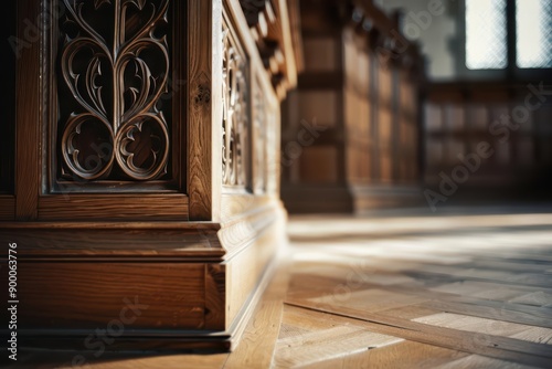 The Tudor house style podium features decorative woodwork and charming halftimbering, sunlight filtering through the intricate details, banner, with copy space photo