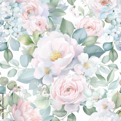 Watercolor Floral Seamless Pattern with Pink and White Roses and Blue Flowers © rezor
